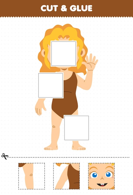 Education game for children cut and glue cut parts of cute cartoon girl anatomy printable worksheet