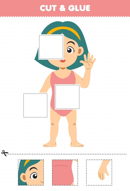 어린이를 위한 교육 게임은 귀여운 만화 소녀 해부학 인쇄용 워크시트의 일부를 잘라서 붙입니다.