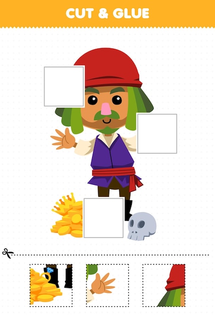 Education game for children cut and glue cut parts of cute cartoon man character and glue them printable pirate worksheet