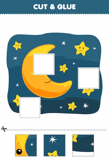 Education game for children cut and glue cut parts of cute cartoon moon surrounded by star in the night sky and glue them printable nature worksheet