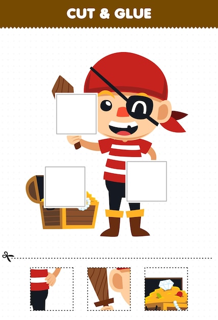 Education game for children cut and glue cut parts of cute cartoon pirate costume and glue them halloween printable worksheet