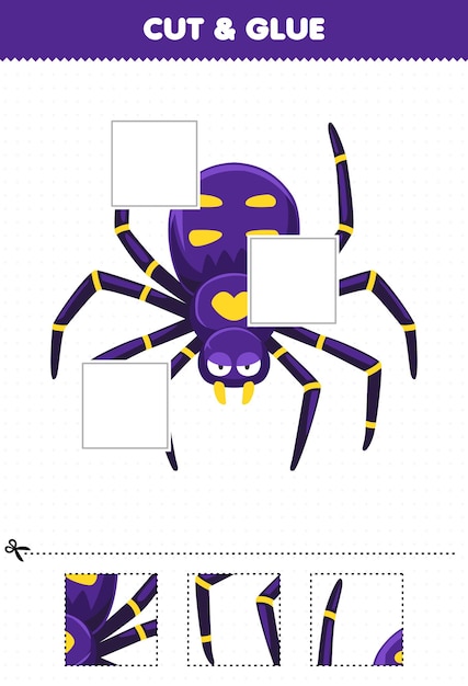 Education game for children cut and glue cut parts of cute cartoon purple spider and glue them printable bug worksheet