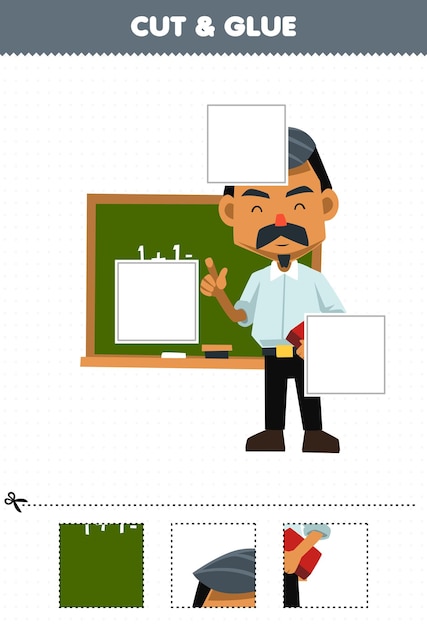 Gioco educativo per bambini taglia e incolla parti tagliate della professione di insegnante di simpatici cartoni animati e incollale foglio di lavoro stampabile