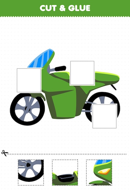 Education game for children cut and glue cut parts of cute cartoon transportation motorbike and glue them printable worksheet