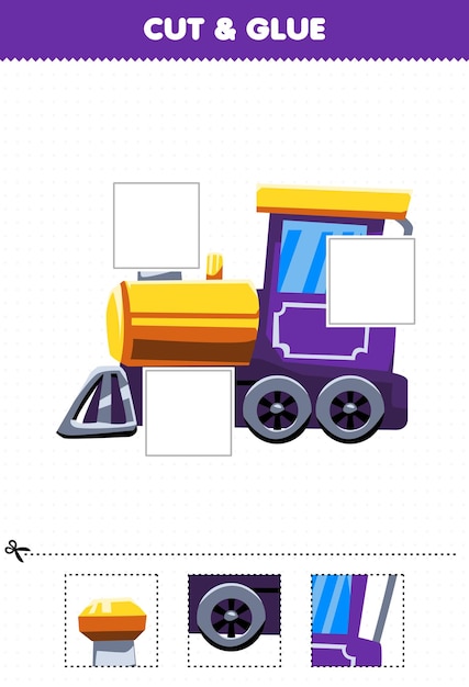 Education game for children cut and glue cut parts of cute cartoon transportation train locomotive and glue them printable worksheet