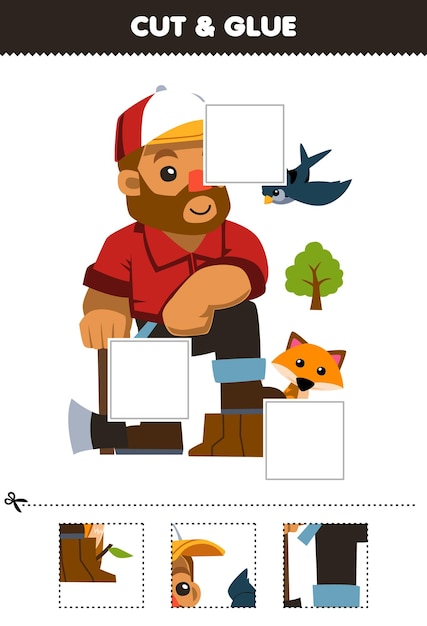 Education game for children cut and glue cut parts of cute cartoon woodcutter carries an ax beside fox and bird printable farm worksheet