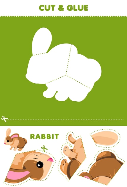 Education game for children cut and glue puzzle of cute rabbit picture printable pet worksheet