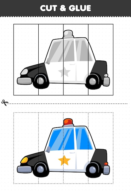 Education game for children cut and glue with cartoon transportation police car