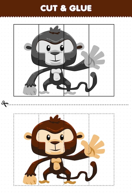 Education game for children cut and glue with cute cartoon animal monkey