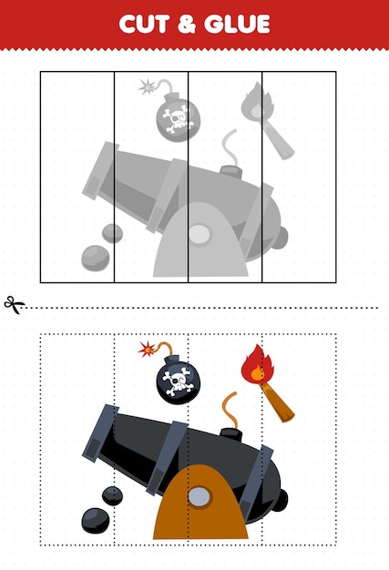 Education game for children cut and glue with cute cartoon bomb cannon and torch printable pirate worksheet