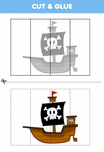 귀여운 만화 선박 인쇄용 해적 워크시트로 자르고 붙이는 어린이를 위한 교육 게임