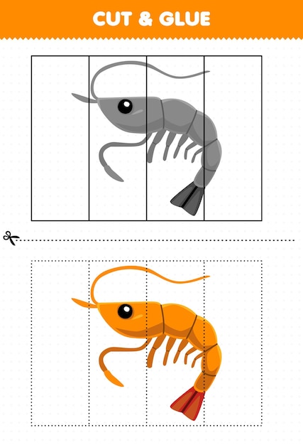 Education game for children cut and glue with cute cartoon shrimp printable underwater worksheet