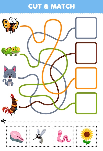Education game for children cut and match the correct food for cute cartoon butterfly iguana cat chicken printable worksheet