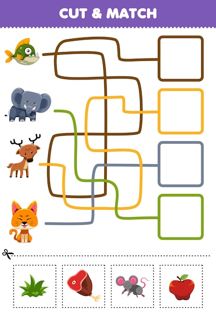 Gioco educativo per bambini taglia e abbina il cibo corretto per il foglio di lavoro stampabile simpatico cartone animato piranha pesce elefante cervo gatto