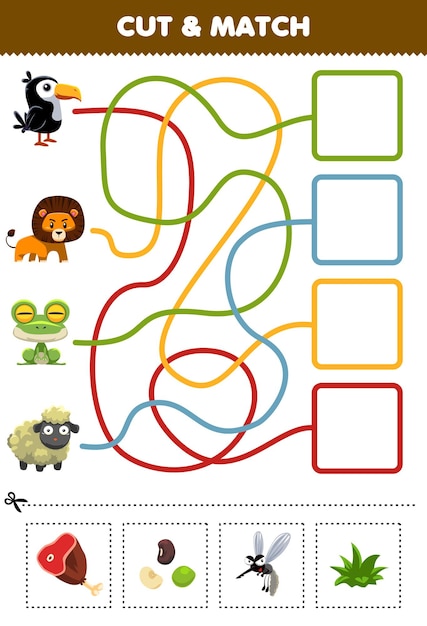 Education game for children cut and match the correct food for cute cartoon toucan bird lion frog sheep printable worksheet