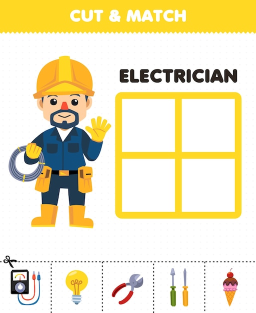 Education game for children cut and match the correct stuff for cute cartoon electrician profession printable worksheet