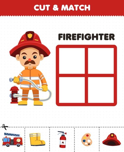 Education game for children cut and match the correct stuff for\
cute cartoon firefighter profession printable worksheet