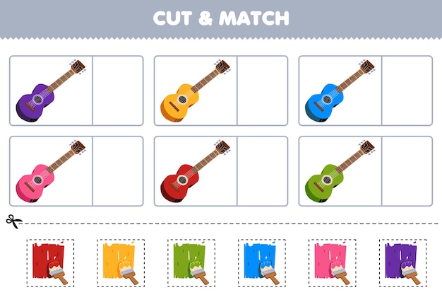 Education game for children cut and match the same color of cartoon guitar printable music instrument worksheet