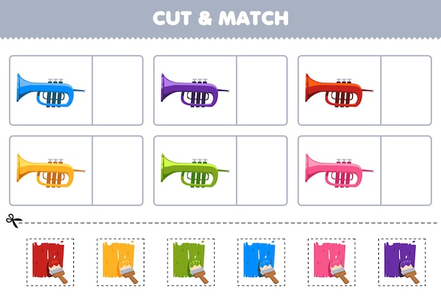 Education game for children cut and match the same color of cartoon trumpet printable music instrument worksheet