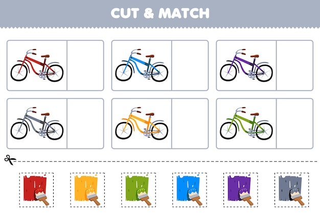 Education game for children cut and match the same color of cute cartoon bicycle printable transportation worksheet