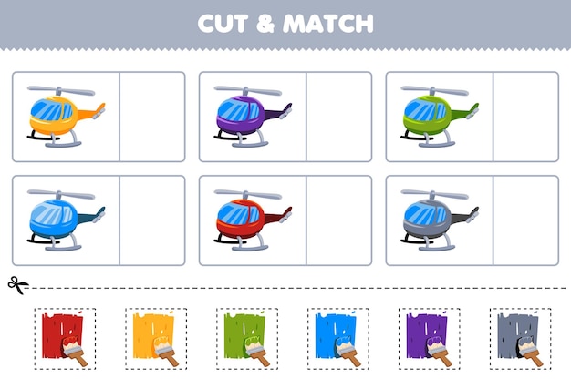 Education game for children cut and match the same color of cute cartoon helicopter printable transportation worksheet