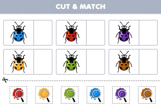 Education game for children cut and match the same color of cute cartoon ladybug printable bug worksheet