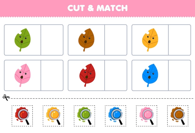 Education game for children cut and match the same color of cute cartoon leaf printable nature worksheet