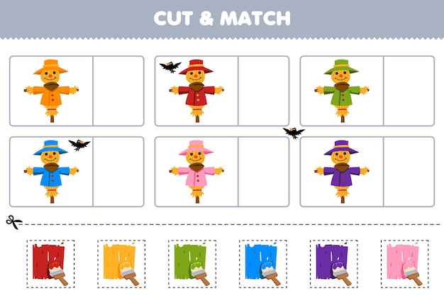 Education game for children cut and match the same color of cute cartoon scarecrow printable farm worksheet