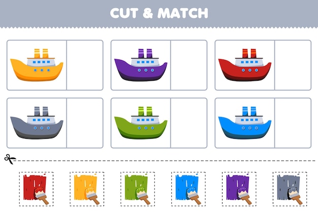 Education game for children cut and match the same color of cute cartoon ship printable transportation worksheet