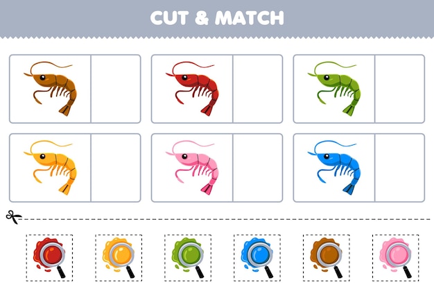 Education game for children cut and match the same color of cute cartoon shrimp printable underwater worksheet