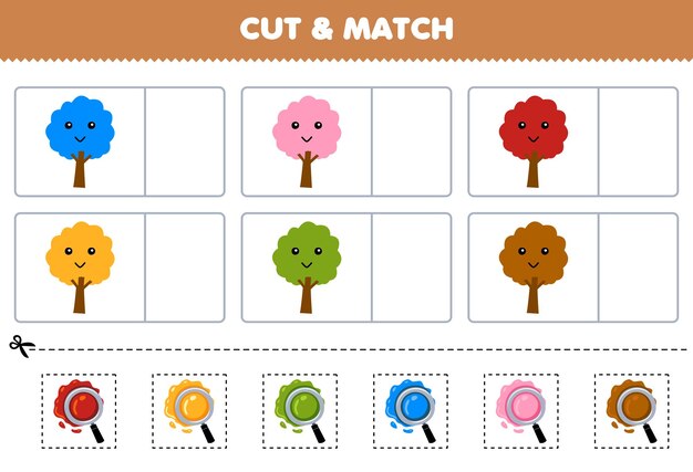 어린이를 위한 교육 게임은 귀여운 만화 나무 인쇄 가능한 자연 워크시트의 같은 색상을 자르고 일치시킵니다.