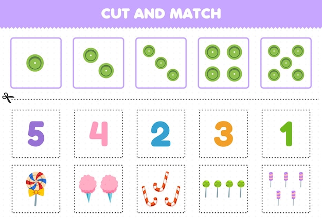 Education game for children cut and match the same number of cartoon food candy printable worksheet