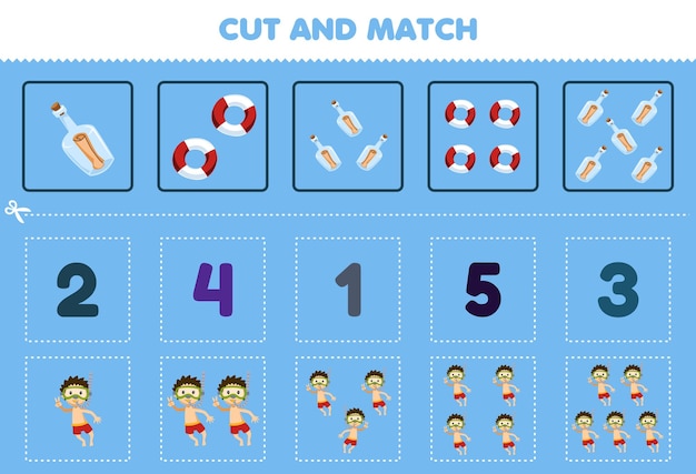 Education game for children cut and match the same number of cute cartoon diver bottle and lifebuoy printable underwater worksheet