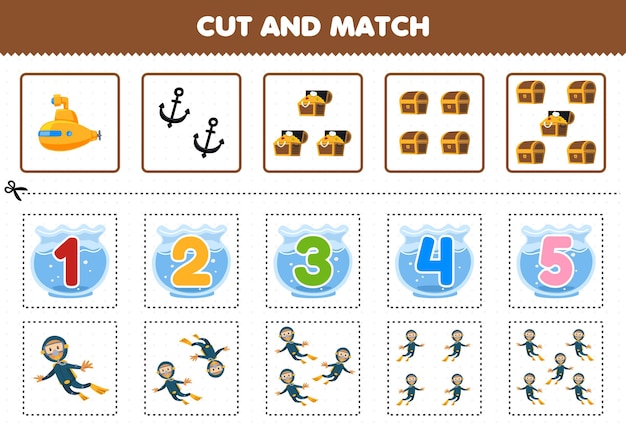 Education game for children cut and match the same number of cute cartoon diver submarine anchor and treasure chest printable underwater worksheet