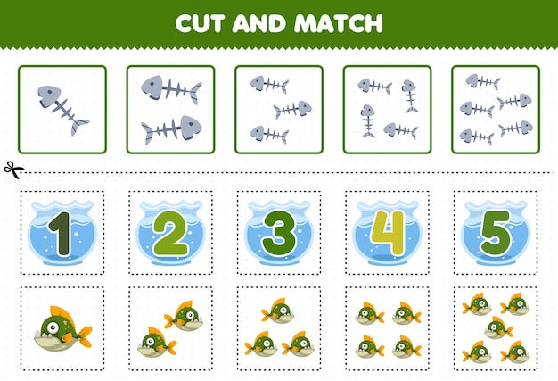 Education game for children cut and match the same number of cute cartoon fish bone and piranha printable underwater worksheet