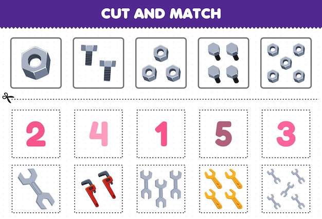 Education game for children cut and match the same number of cute cartoon nut bolt and wrench printable tool worksheet