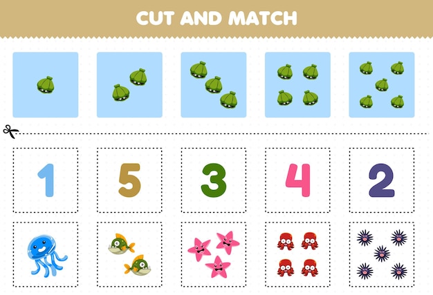 Education game for children cut and match the same number of cute cartoon underwater animal printable worksheet