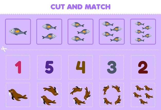 Education game for children cut and match the same number of cute cartoon walrus and fish printable underwater worksheet