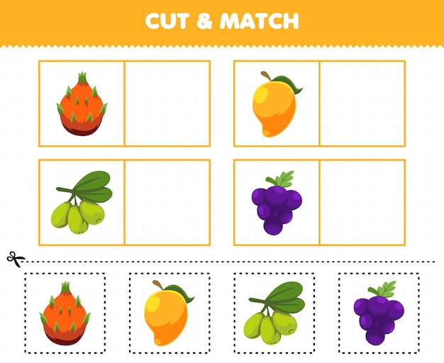 Education game for children cut and match the same picture of cartoon fruit dragon fruit mango olive grape printable worksheet