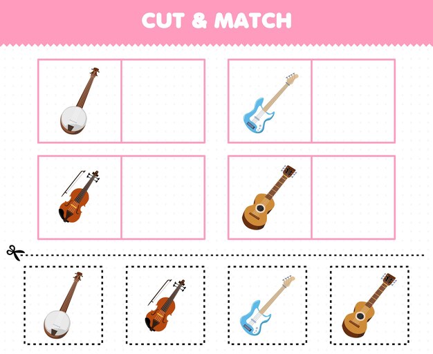 Education game for children cut and match the same picture of cartoon music instrument banjo bass violin guitar