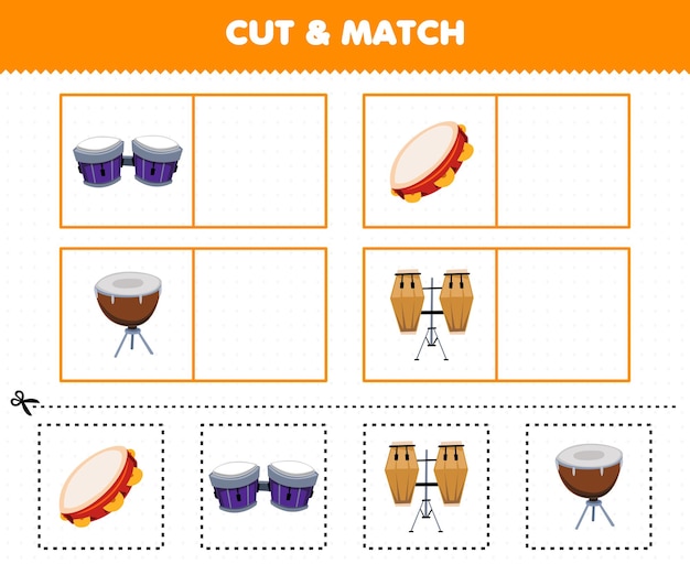 Education game for children cut and match the same picture of cartoon music instrument drum tambourine bango conga