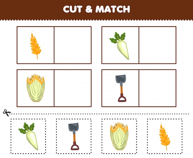 Образовательная игра для детей: вырежьте и сопоставьте одинаковые изображения мультяшных овощей, пшеницы, дайкона, капусты, лопаты для печати.