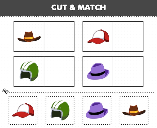 Gioco educativo per bambini taglia e abbina la stessa immagine di vestiti indossabili da cartone animato cappello da cowboy berretto elmo fedora