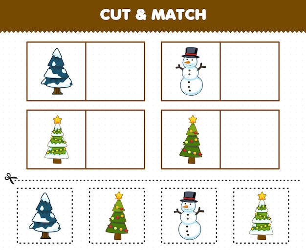 Education game for children cut and match the same picture of cute cartoon christmas tree snowman printable winter worksheet