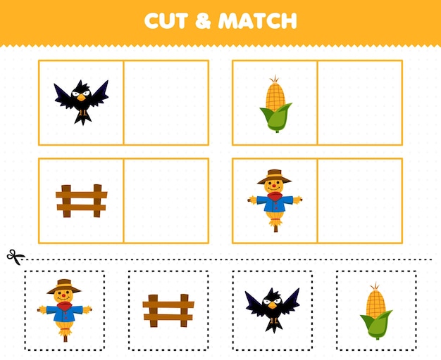 Education game for children cut and match the same picture of cute cartoon crow corn fence scarecrow printable farm worksheet