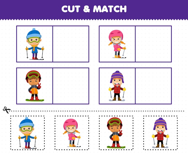 Education game for children cut and match the same picture of cute cartoon kids playing ski printable winter worksheet