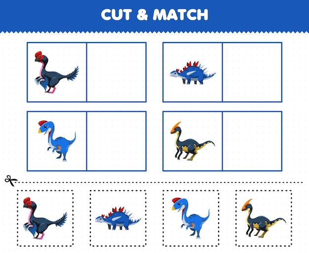 Education game for children cut and match the same picture of cute cartoon prehistoric blue dinosaur