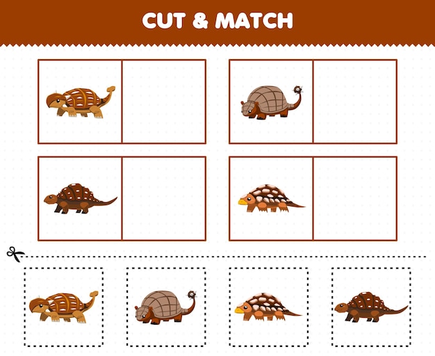 Education game for children cut and match the same picture of cute cartoon prehistoric hard skin dinosaur