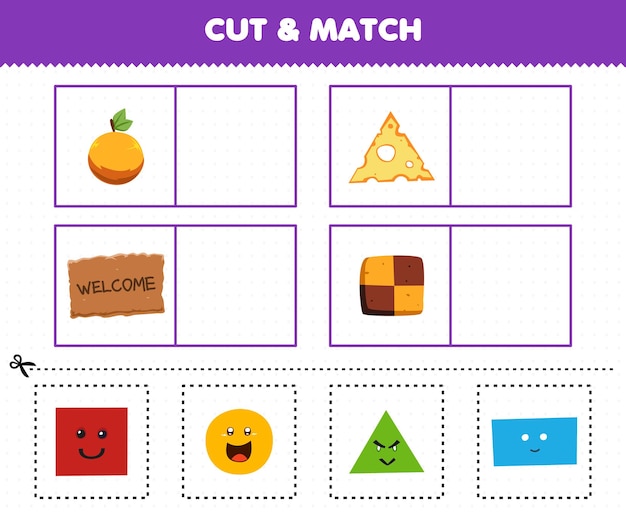 Образовательная игра для детей: вырежьте и сопоставьте одну и ту же картинку милого мультфильма в форме круга, оранжевого треугольника, сыра, прямоугольника, коврика, квадратного печенья