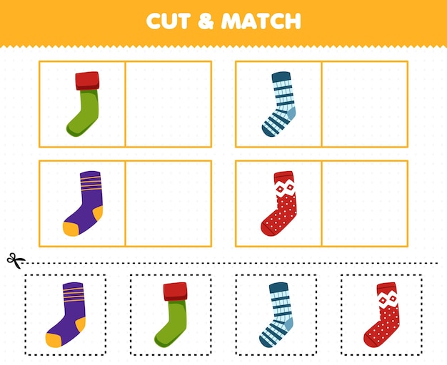 Education game for children cut and match the same picture of cute cartoon sock printable winter worksheet